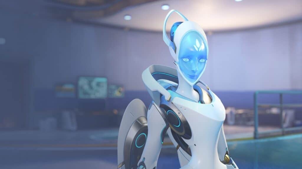 Echo stands in a sci-fi lab with screens