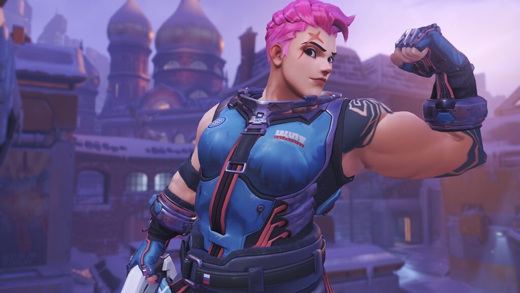 Zarya flexes her bicep confidently