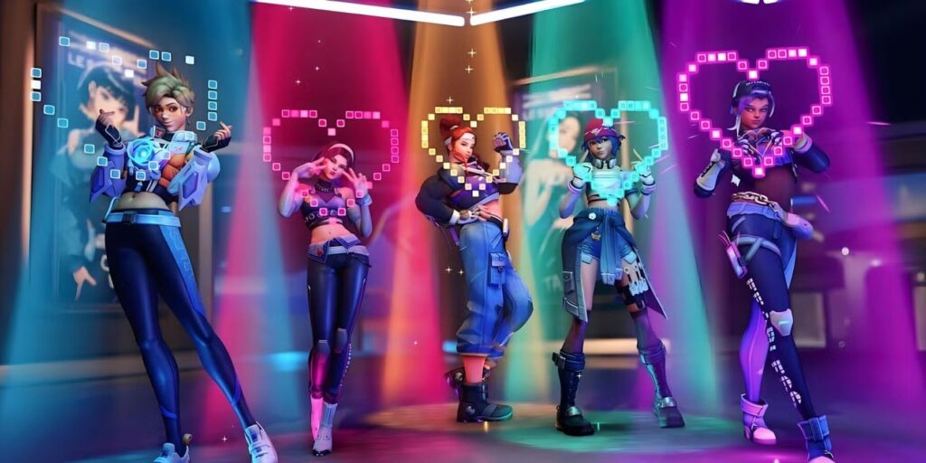 Overwatch 2 heroes in LE SSERAFIM crossover skins, posing under colorful spotlights with pixelated heart effects, each character dressed in stylish, modern K-pop inspired outfits.