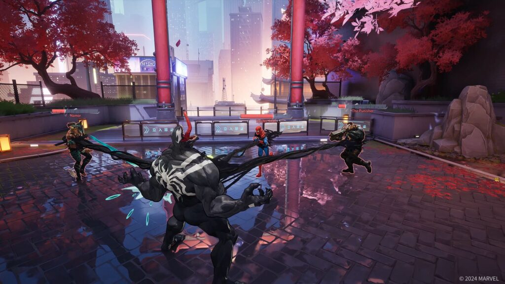 Spider-Man battles Venom and Namor in a vibrant, urban setting, surrounded by cherry blossoms and towering skyscrapers.