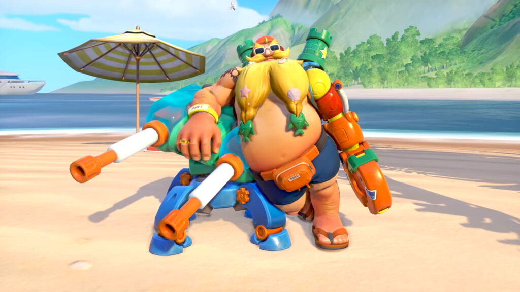 Torbjörn in his Surf 'n' Splash skin from Overwatch 2 on a beach with a water turret, wearing swim trunks, flip-flops, and sunglasses.