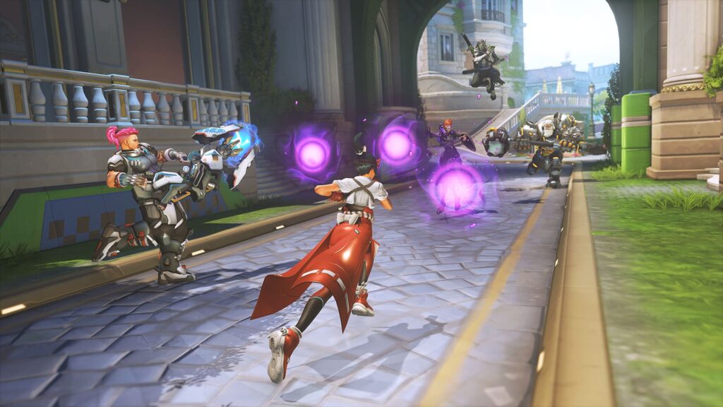 A dynamic scene of characters engaged in a battle on a cobblestone street, with purple energy orbs flying amidst a vibrant urban backdrop.