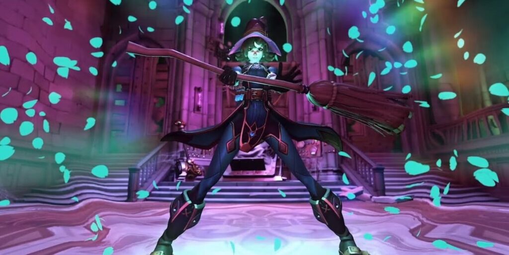 Kiriko in her Witch skin from Overwatch 2, standing confidently with a broomstick in a haunted, purple-lit castle, surrounded by glowing teal magical petals swirling around her.
