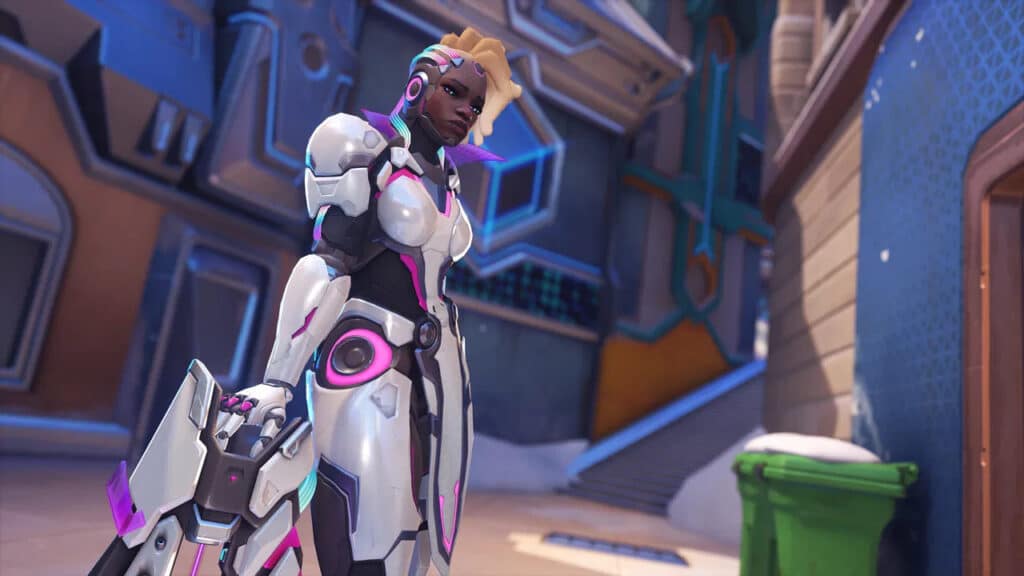 Ultraviolet Sentinel Sojourn in sleek white and pink armor stands confidently in urban setting, holding a large weapon