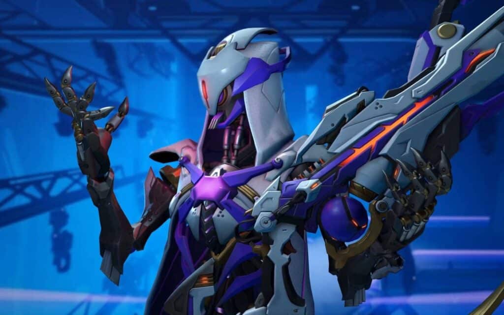 A-7000 Wargod Ana in sleek, metallic purple and silver armor holds a large, intricate weapon against a blue, tech-themed backdrop