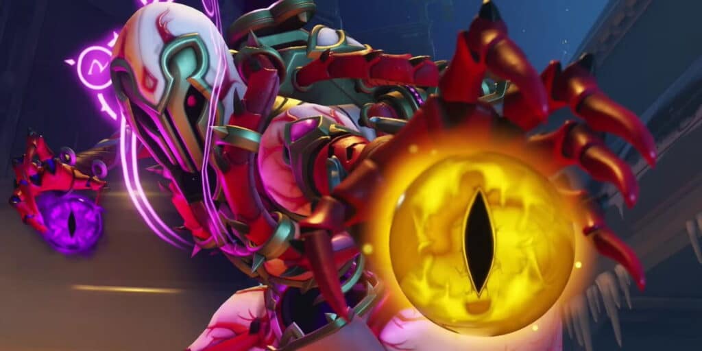 Moira with a mask and talon-like hands conjures glowing orbs, one purple and one yellow