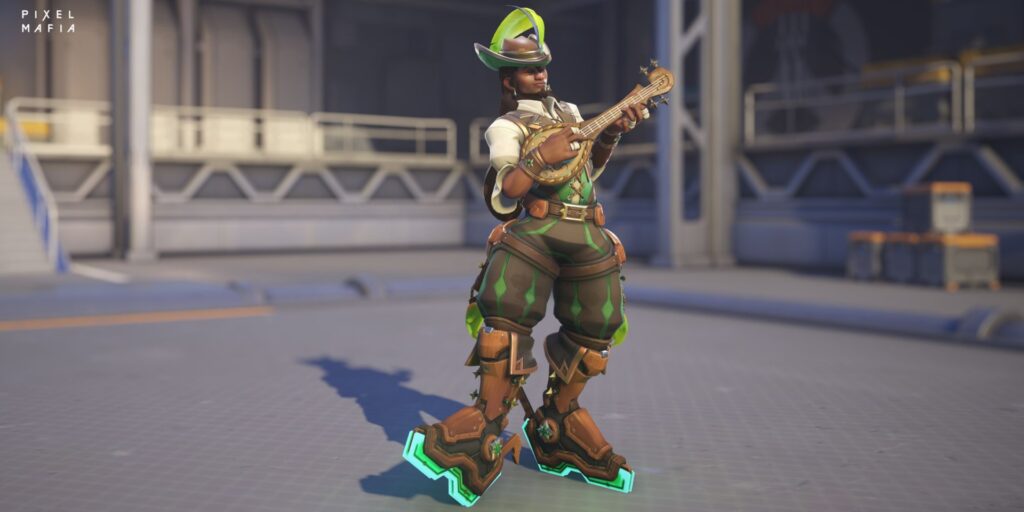 Lucio wearing a stylish outfit plays a banjo, standing in a futuristic environment with crates in the background