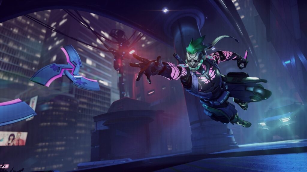 A dynamic scene featuring Genji in futuristic armor with green hair, leaping through a neon-lit city, throwing a spinning weapon
