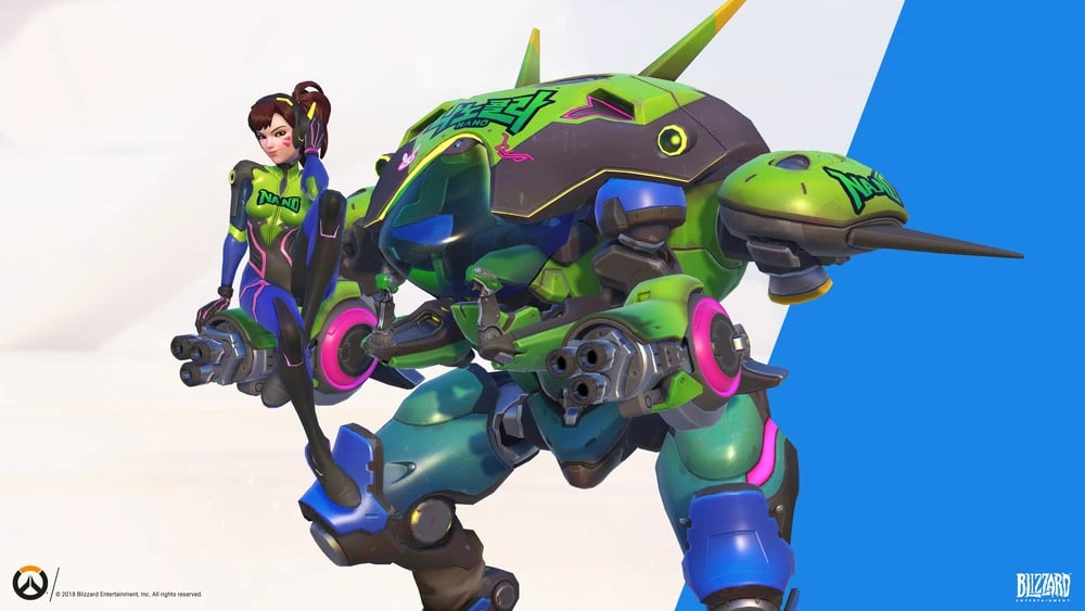 A vibrant image of D.Va in a green and blue jumpsuit sitting on a large, colorful mech suit