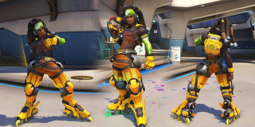 Lucio in vibrant yellow and orange futuristic rollerblades poses confidently in an urban setting, showcasing sleek technology and dynamic energy