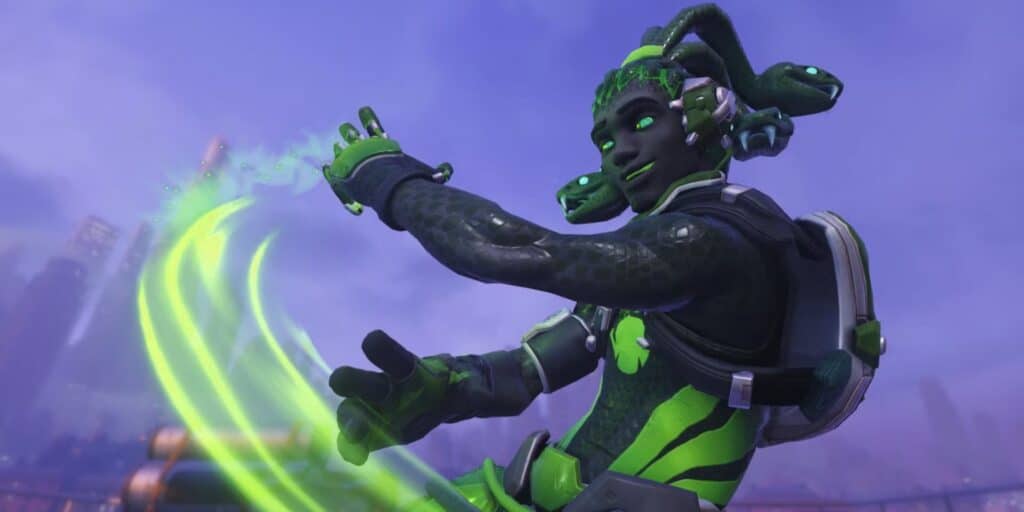 Lucio in a green and black suit with snake hair emits a swirling green energy from one hand, set against a purple city background