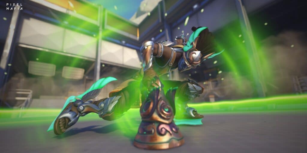 Lucio crouches with dynamic motion, surrounded by glowing green energy. The setting is a high-tech facility, conveying action and intensity