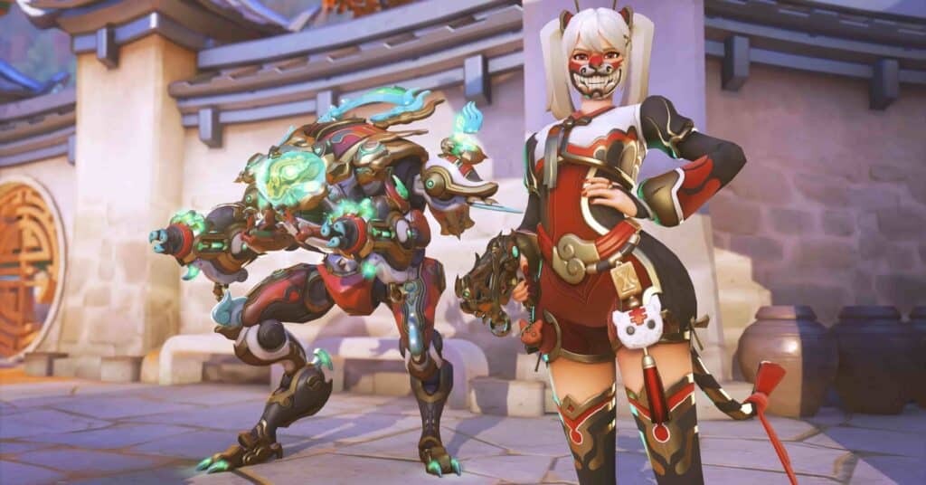 D.Va in a red and black futuristic outfit with a fierce face paint stands confidently beside an armored robotic figure with glowing green accents