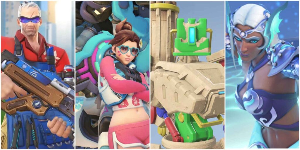Four colorful Overwatch 2 characters from a video game, each holding unique weapons and showcasing distinct outfits, set against an urban backdrop.