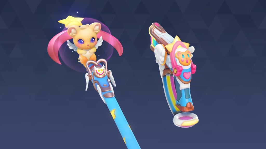 Cute, colorful fantasy weapons of Overwatch 2 on a dark geometric background. Left: Star-topped staff with a winged creature. Right: Pistol with a bear face, rainbow accents