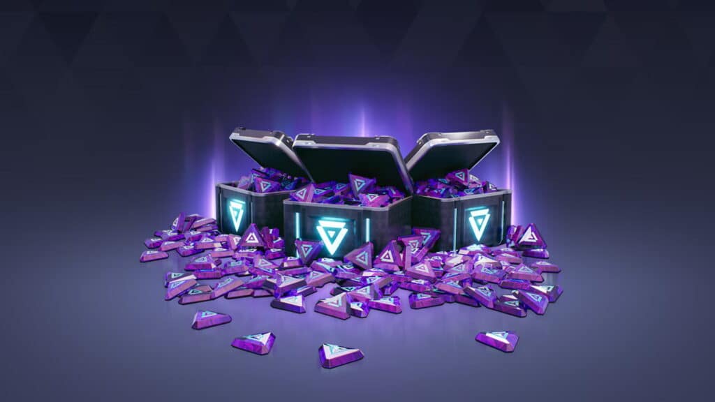 Open treasure chests in Overwatch 2 filled with glowing purple triangular tokens spill onto the floor against a dark, gradient background, emitting a mysterious aura