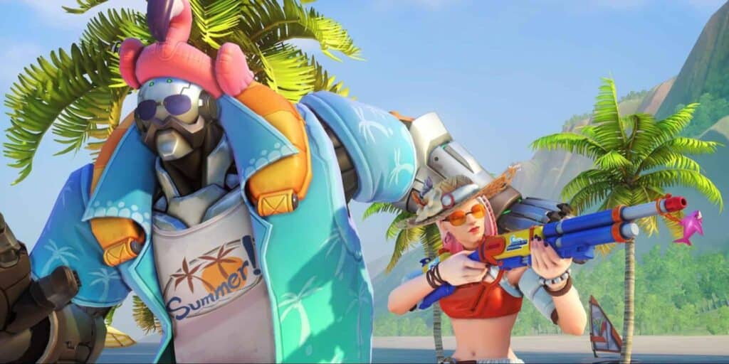 Robot and woman in tropical attire enjoy a beach setting. The Bob wears a flamingo hat, while the woman holds a colorful water gun. Palms and bright sky add summer vibes.