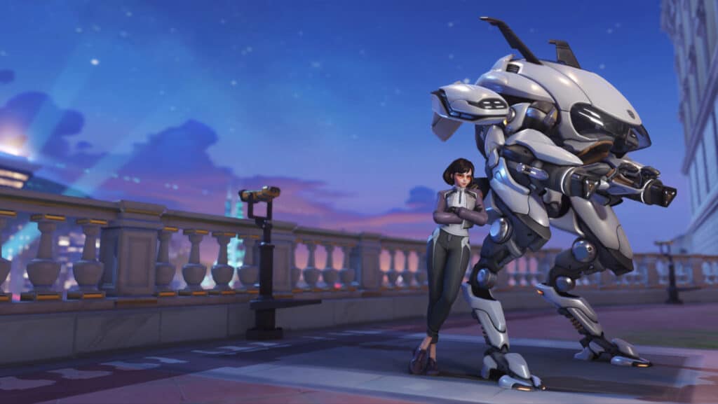 D.Va stands with arms crossed next to a sleek, white robotic mech