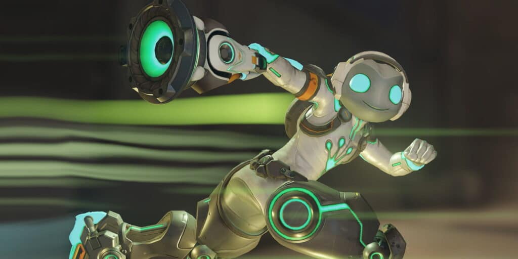 Lucio with glowing green accents and vibrant blue eyes is in motion, striking a dynamic pose against a blurred background