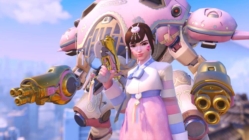 D.Va in a pastel hanbok, holding a futuristic gun, stands confidently in front of a large pink mech
