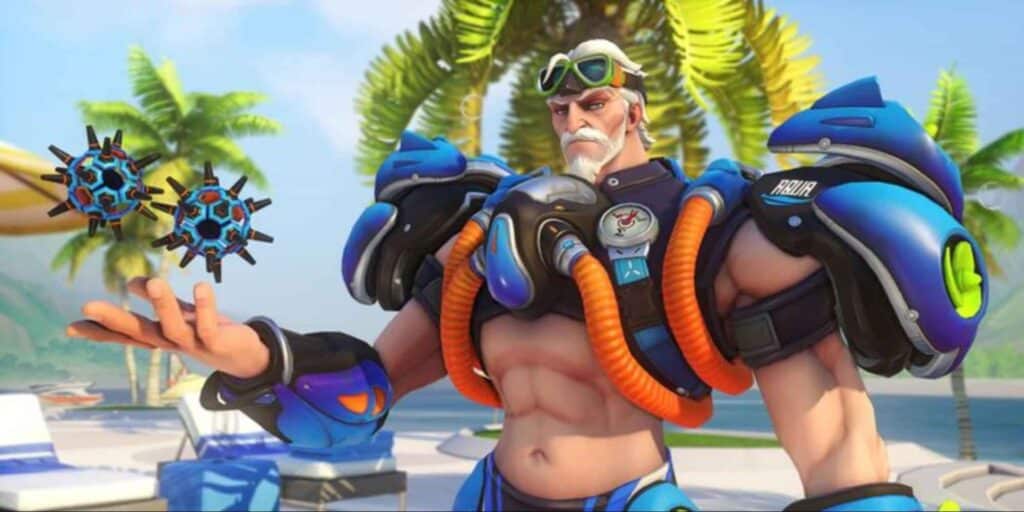 A muscular, white-haired character from Overwatch 2 with goggles and body armor stands confidently, levitating spheres in a tropical setting with palm trees and a serene beach.