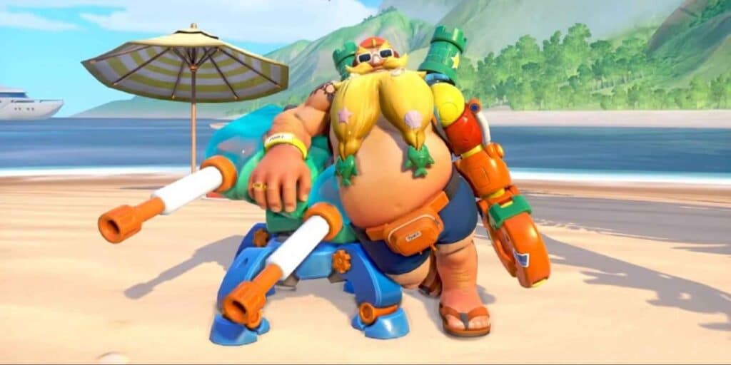 A playful character from Overwatch 2 on a sunny beach, featuring a large water gun and vibrant attire. The scene is relaxed and fun, with a beach umbrella and calm sea.
