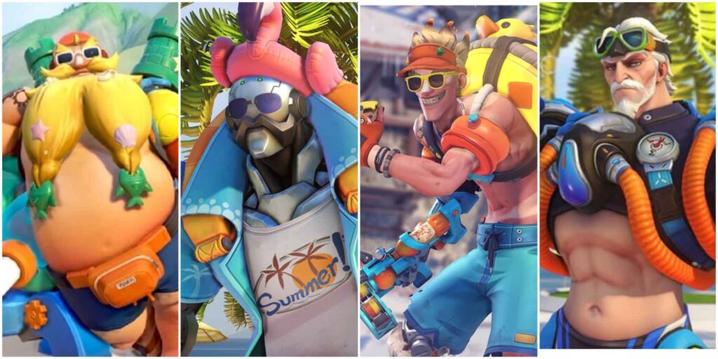 Four colorful, summer-themed Overwatch 2 characters with playful outfits, showcasing beach accessories and relaxed, fun poses.