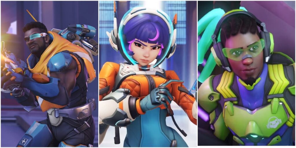 Three Overwatch characters in futuristic attire: Baptiste, Juno, and Lucio