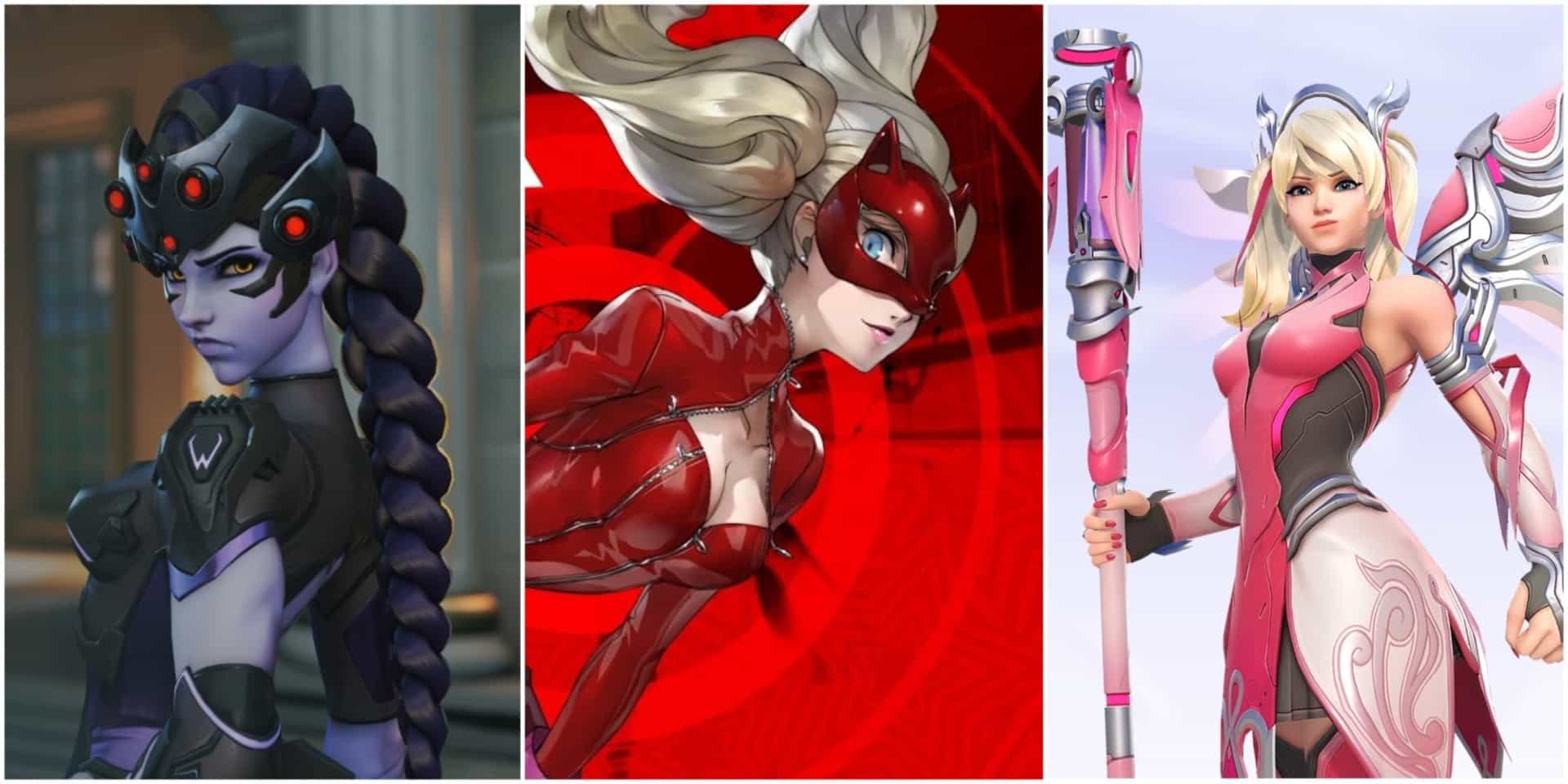 A triptych of female video game characters: left, a purple-skinned figure with a braid; center, a masked woman in red; right, a blonde in pink armor