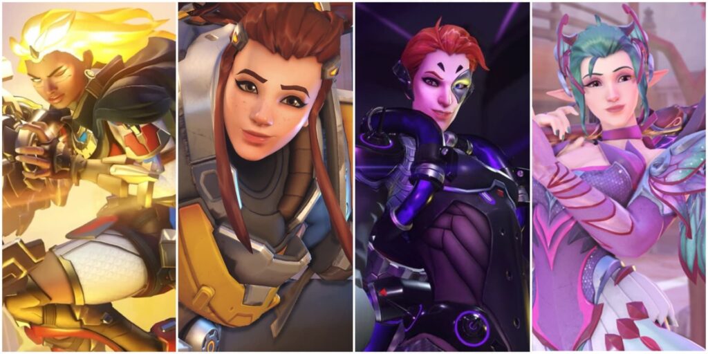 Four Overwatch characters: Brigitte, Mercy, Moira, and Illari