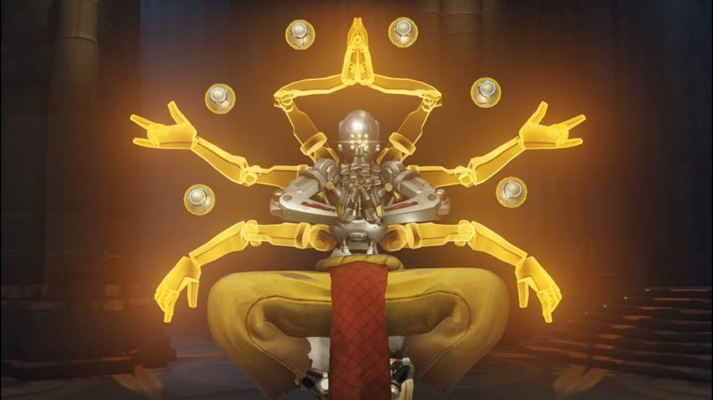 Zenyatta sits in a meditative pose, surrounded by a glowing aura with multiple golden arms and floating orbs
