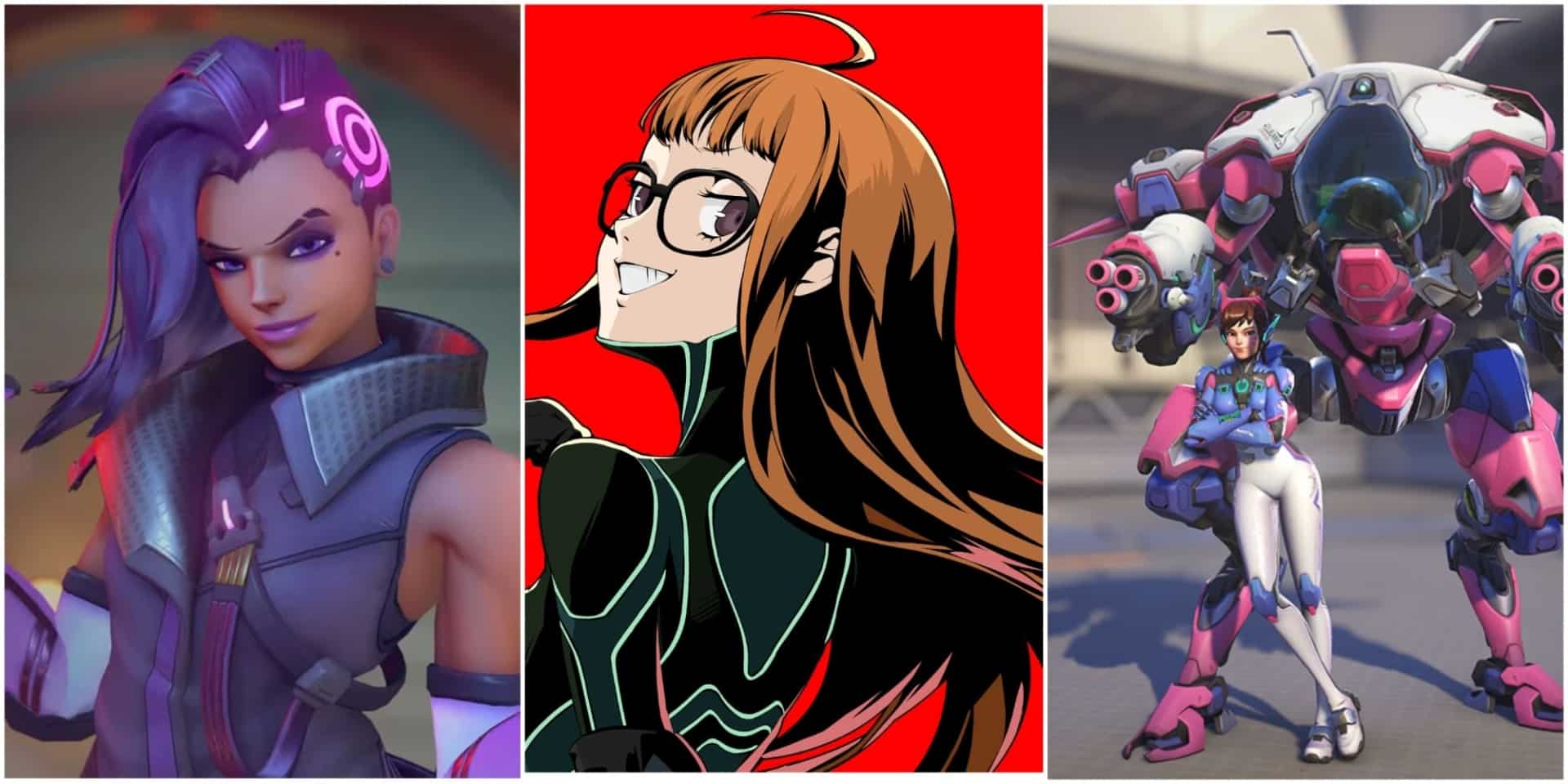 A triptych featuring three characters: a futuristic woman with purple hair, a confident anime girl with glasses, and a woman beside a pink and white robotic suit