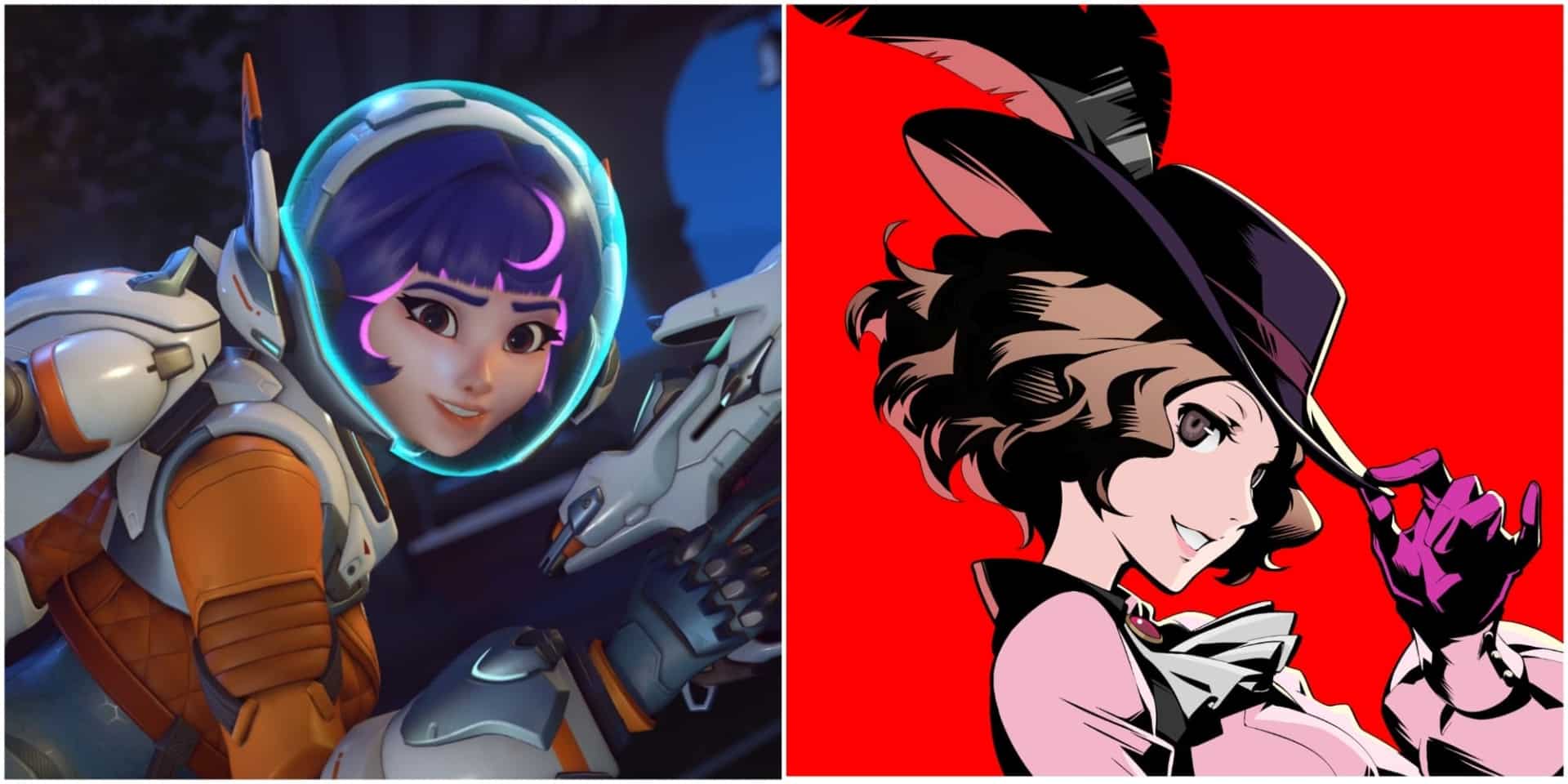 A split image showing two characters: on the left, a futuristic woman in a glowing helmet and armor smiles; on the right, an animated character in a feathered hat and gloves against a red background