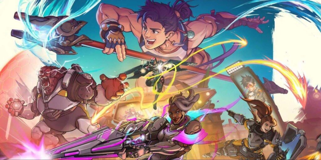Overwatch 2 heroes in dynamic battle scene with poolwear and streetwear themes