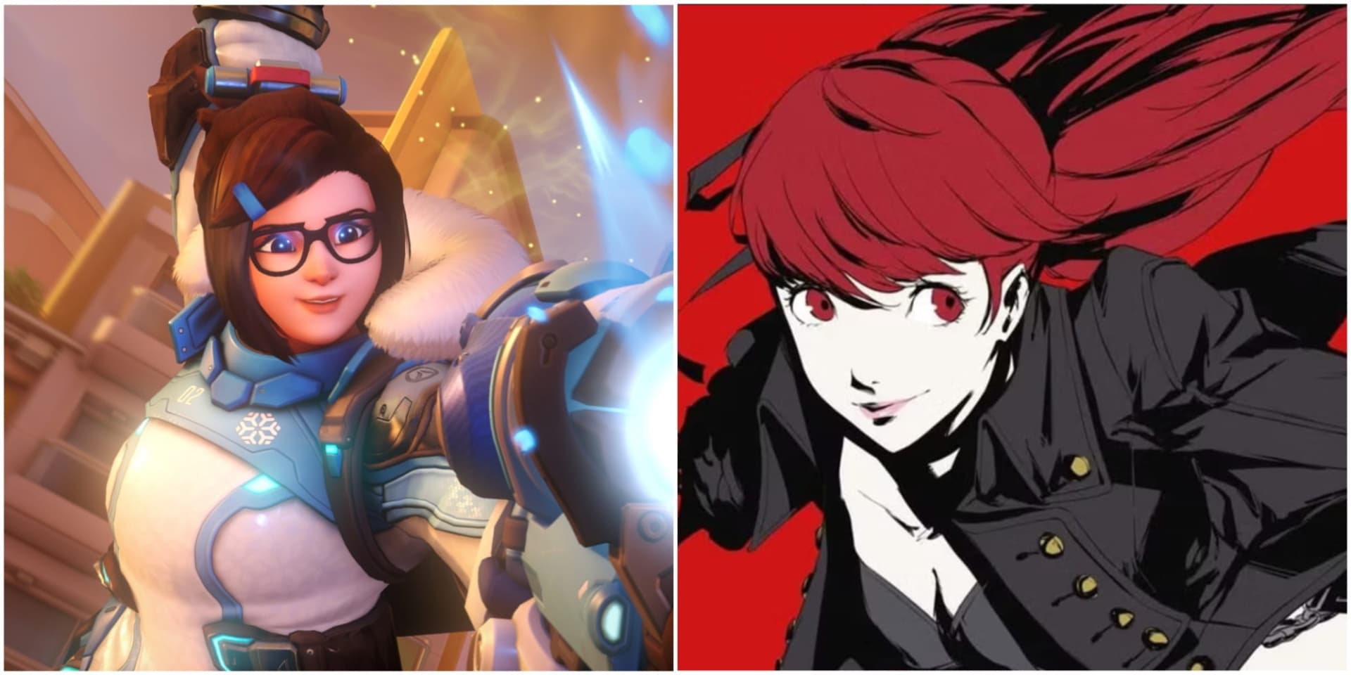 Split image featuring two fictional characters. Left: A cheerful woman in a winter outfit, holding a weapon with glowing blue elements. Right: Dynamic illustration of a female character with red hair, wearing a black outfit, set against a red background