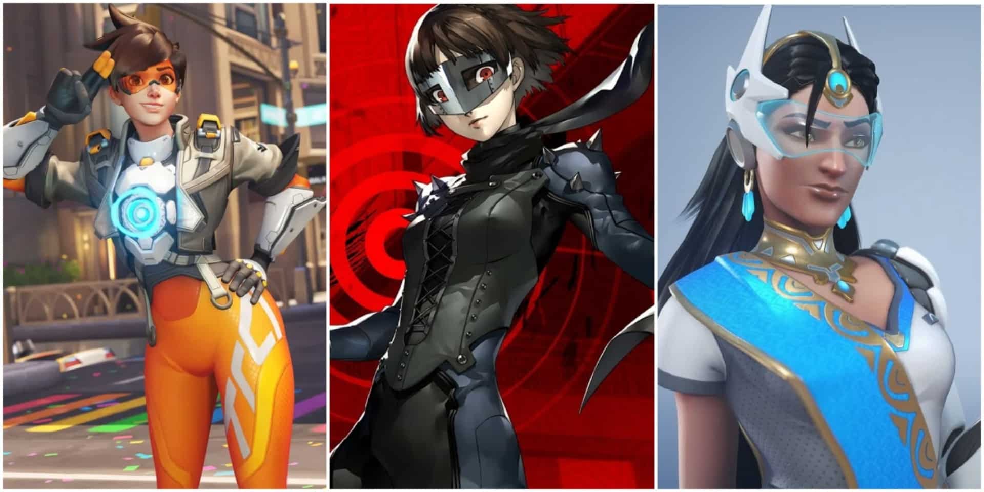 Three female video game characters are shown: one in futuristic armor, another in a black outfit with a mask on a red background, and one in a white and blue dress with a headpiece