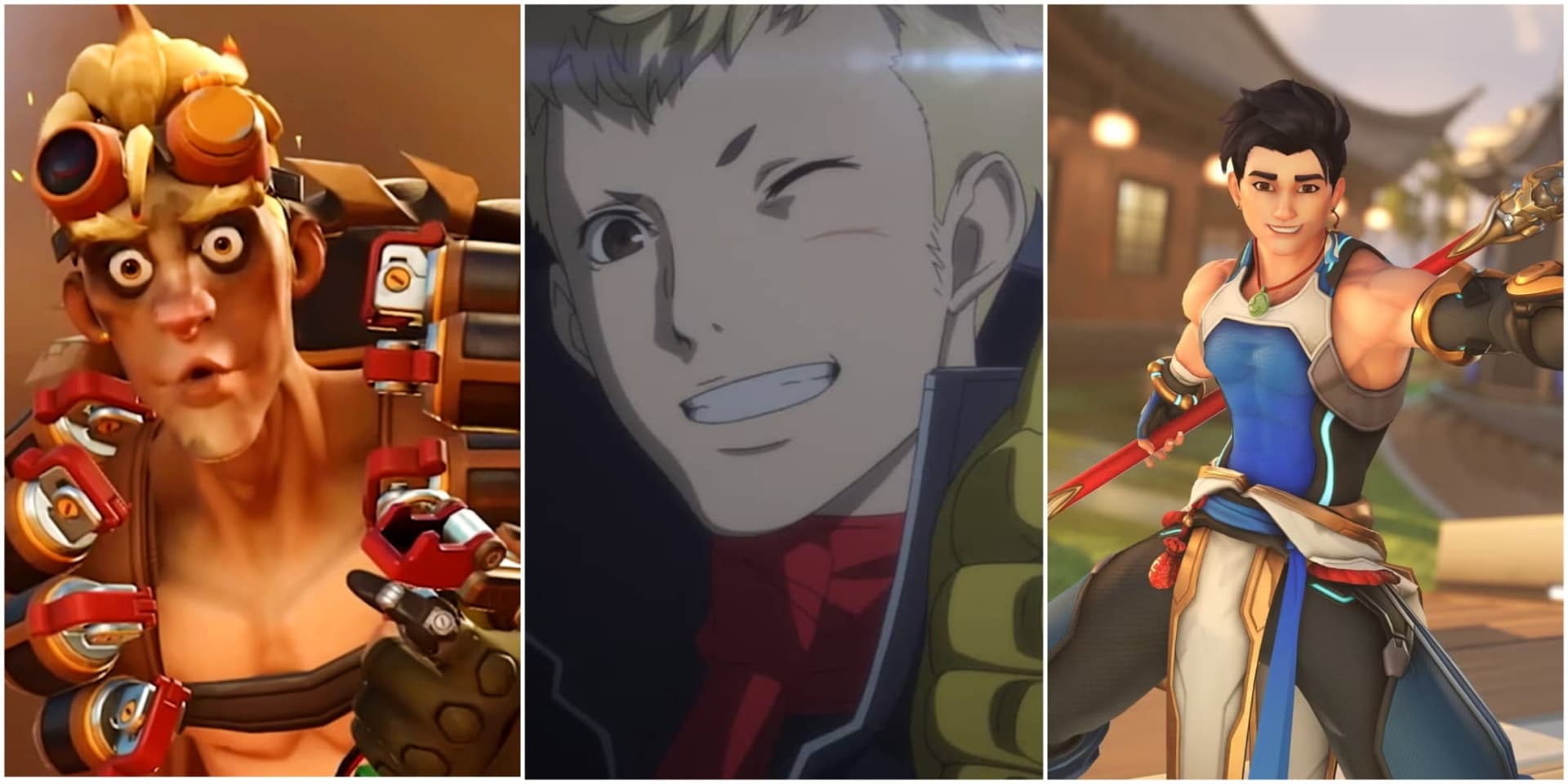 Three characters in a collage: a man with goggles and grenades, an animated winking figure, and an athletic person posing with a confident smile