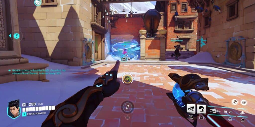 Overwatch view shows a player aiming glowing weapons in a snowy alley with brick walls