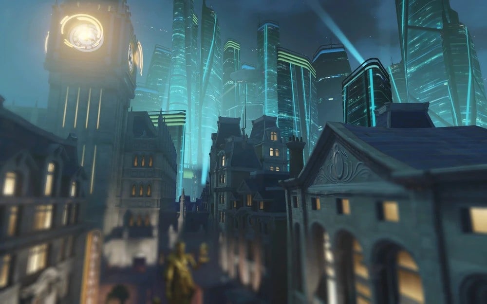 Futuristic cityscape with glowing skyscrapers and historic buildings under a night sky