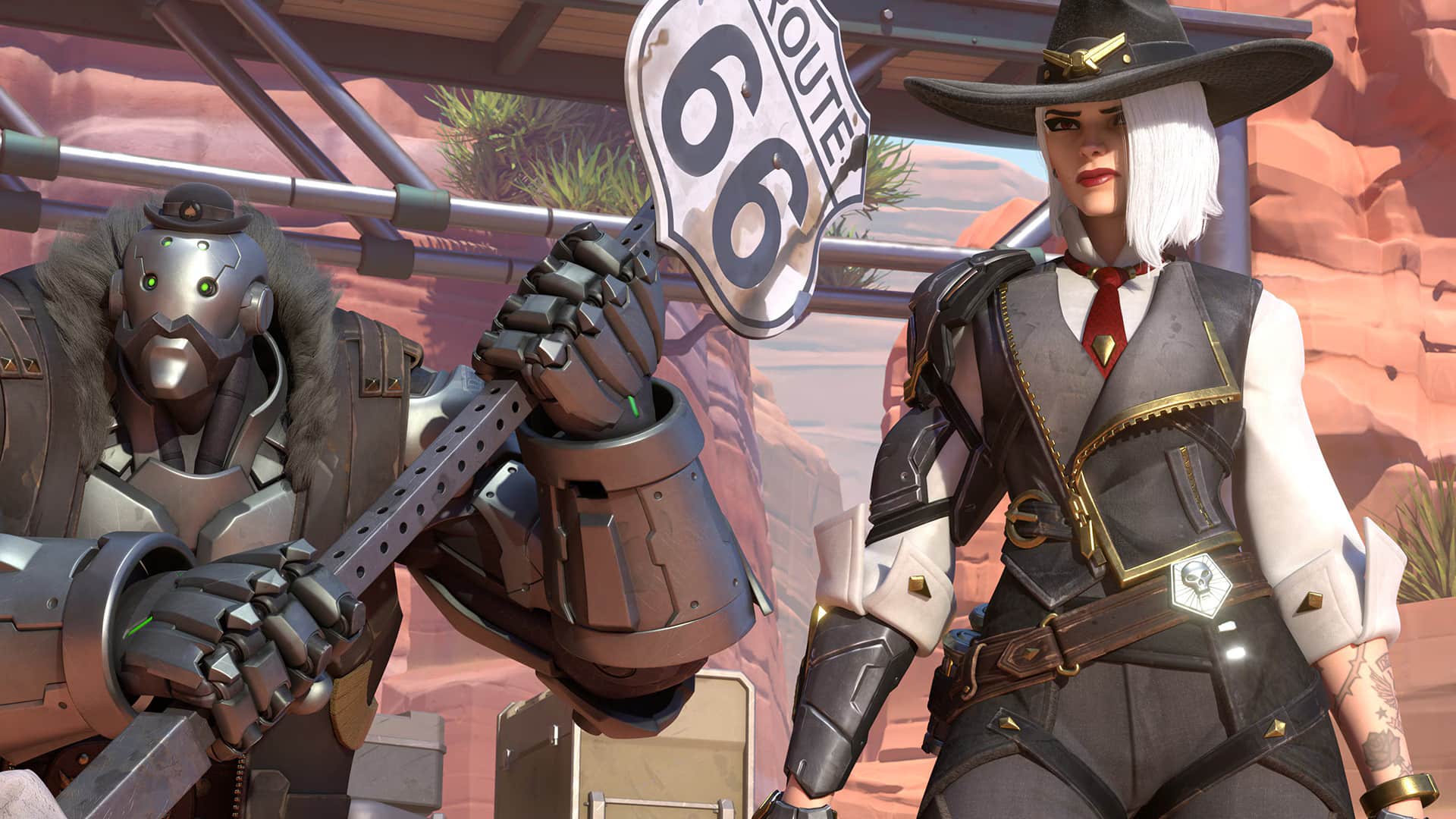 Futuristic cowboy and robot duo stand confidently on Route 66. Ashe wears a wide-brimmed hat; the robot holds a road sign