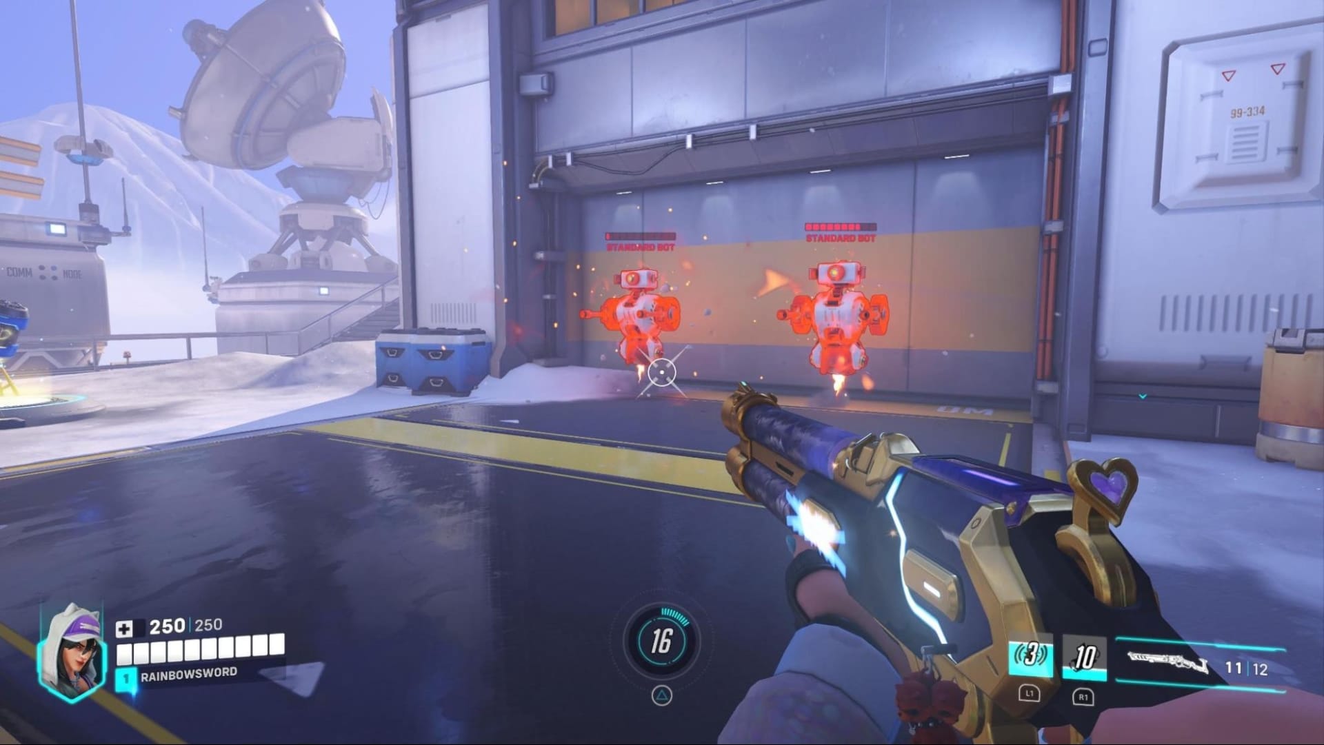 Overwatch 2 screenshot of a player aiming a futuristic rifle at two red training bots in a snowy, high-tech environment