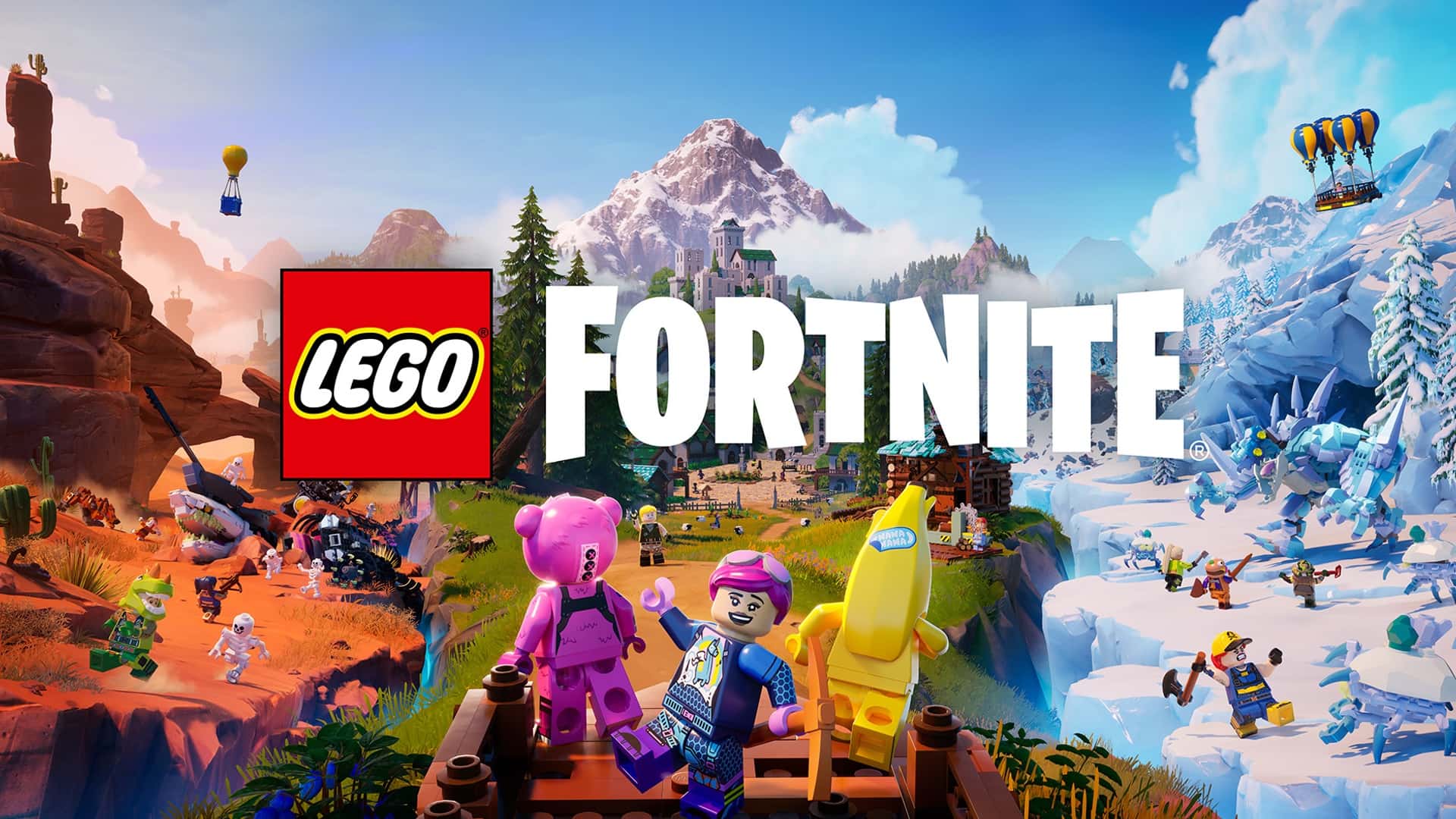 Colorful Lego and Fortnite mashup with a pink bear, biker, and banana figure in foreground