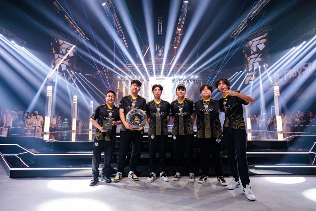 Image of The MongolZ Counter-Strike roster holding Esports World Cup trophy