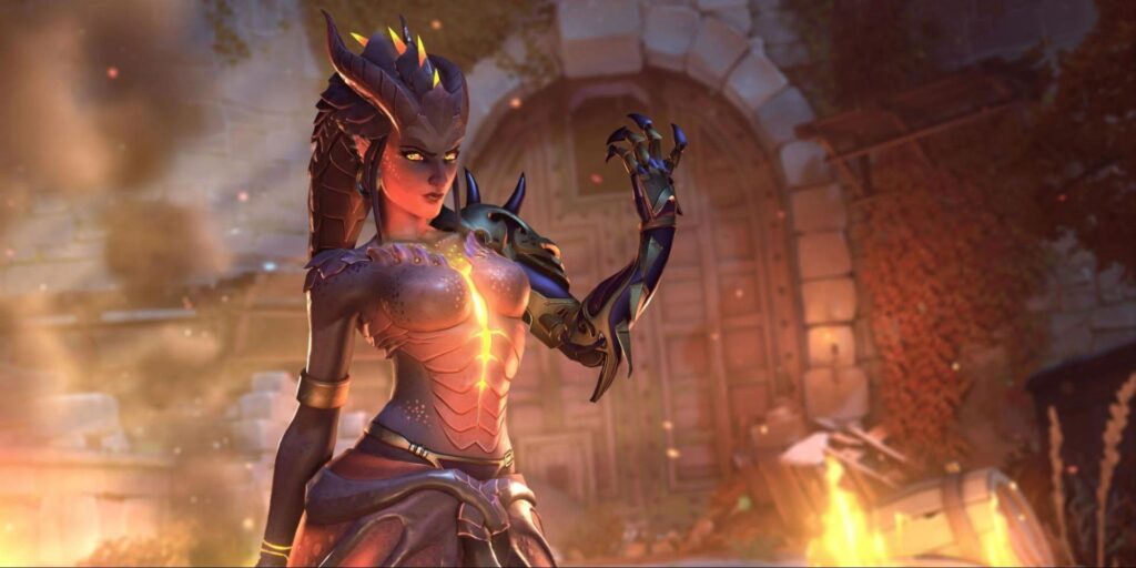 Symmetra in Dragon skin stands confidently, with a glowing chest and sharp claws